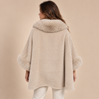 Chevron Cape Coat With Faux Fur Collar in Beige, model back view