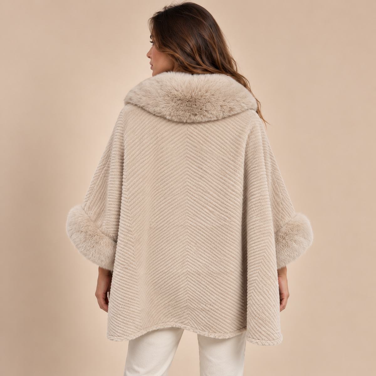 Chevron Cape Coat With Faux Fur Collar in Beige, model back view