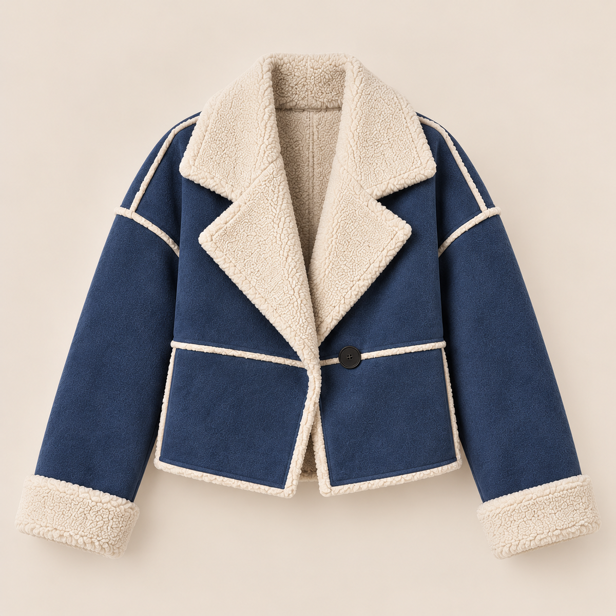 Suede-Effect Jacket With Faux Shearling Collar in Blue, product view