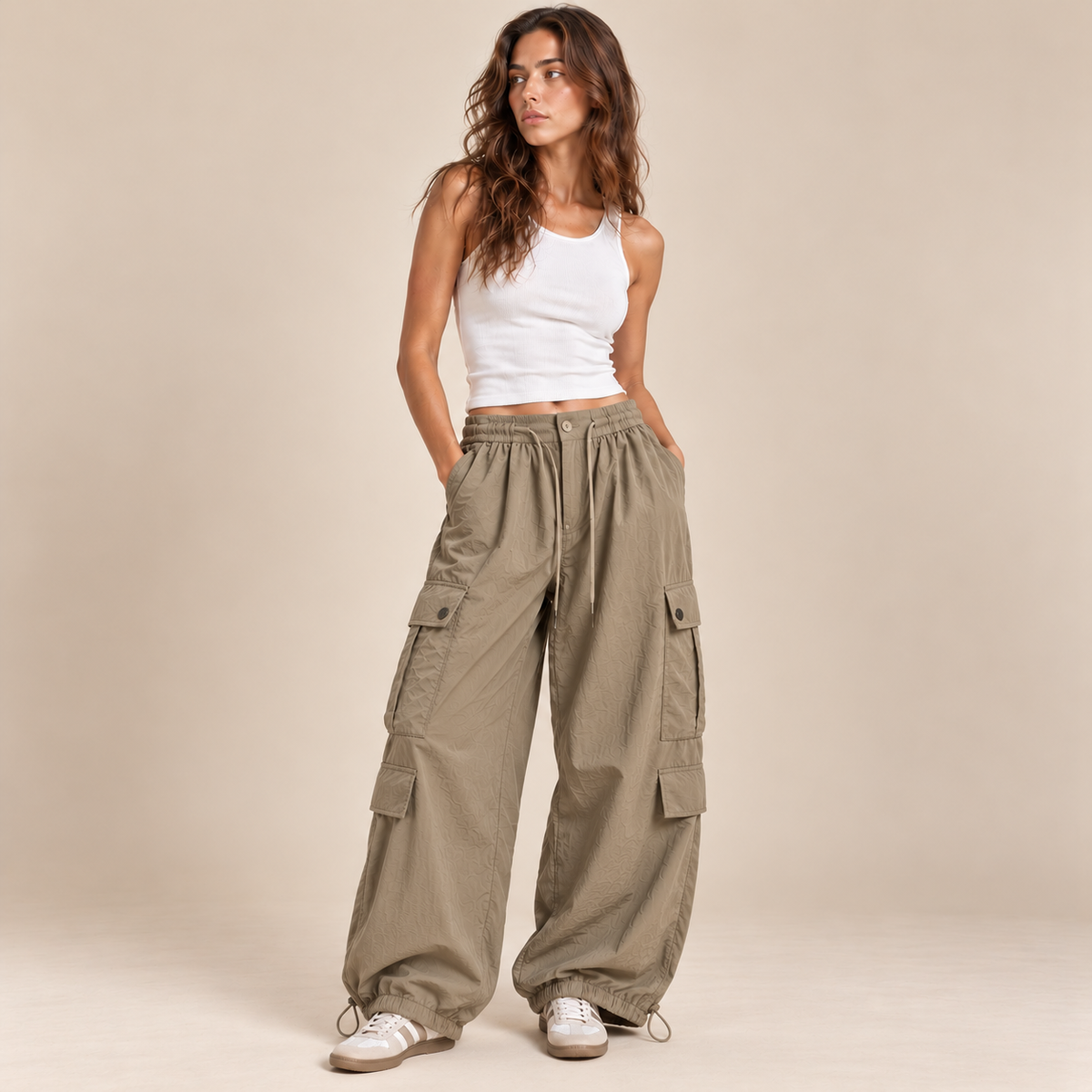 Toggle-Hem Wide-Leg Cargo Pants in Khaki, front view
