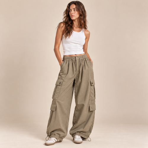 Toggle-Hem Wide-Leg Cargo Pants in Khaki, front view