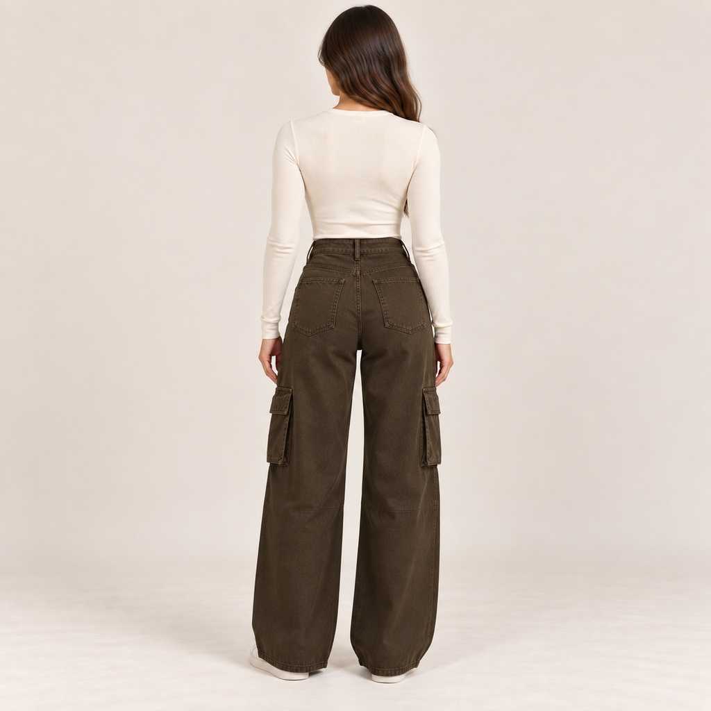 Wide-Leg Cargo Jeans in Brown, back view