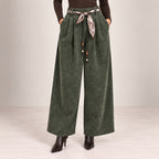 Velvet-Touch Wide-Leg Pants With Scarf Belt in Khaki, front view