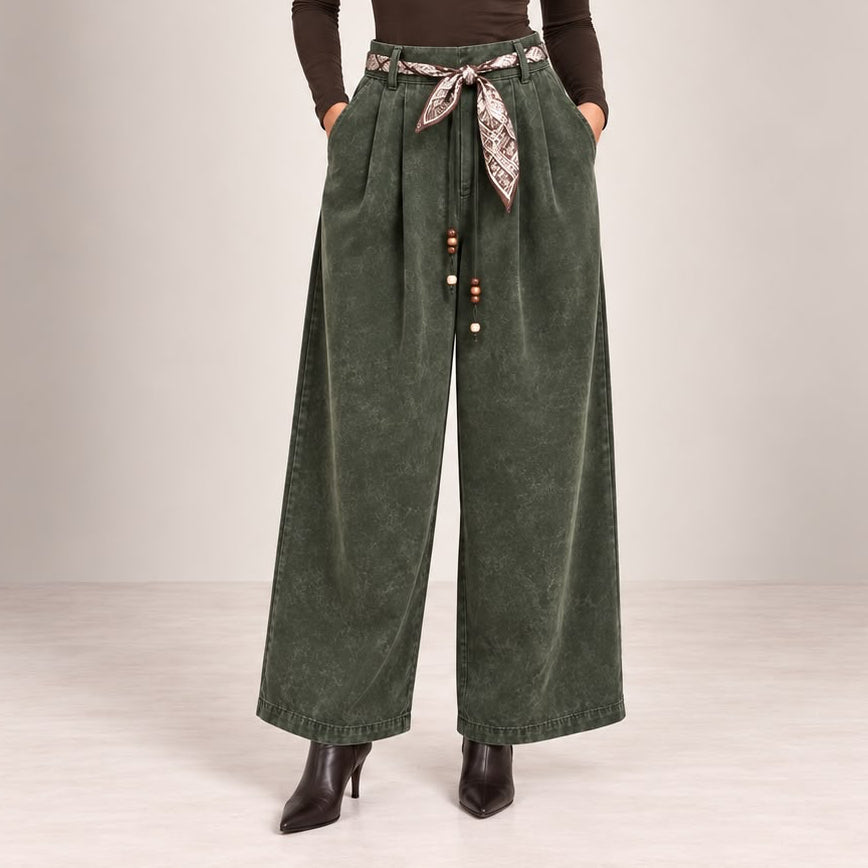 Velvet-Touch Wide-Leg Pants With Scarf Belt in Khaki, front view
