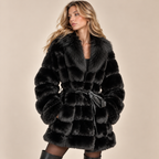 Belted Panelled Faux Fur Coat in Black, model front view