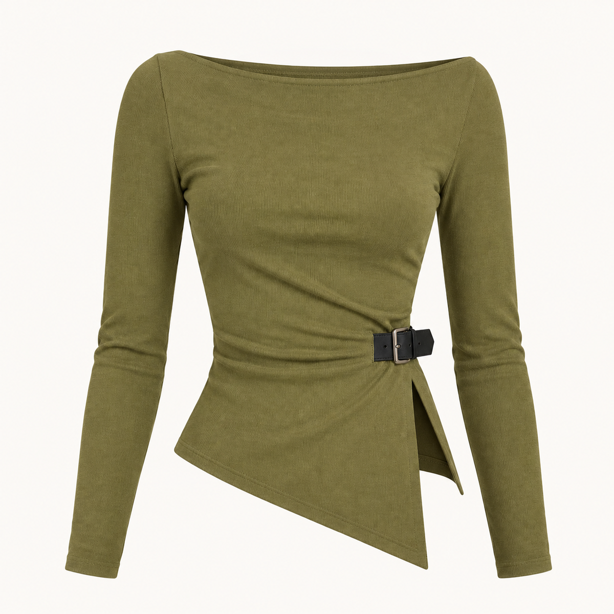 Asymmetric Buckle Knit Top in Olive Green, product view