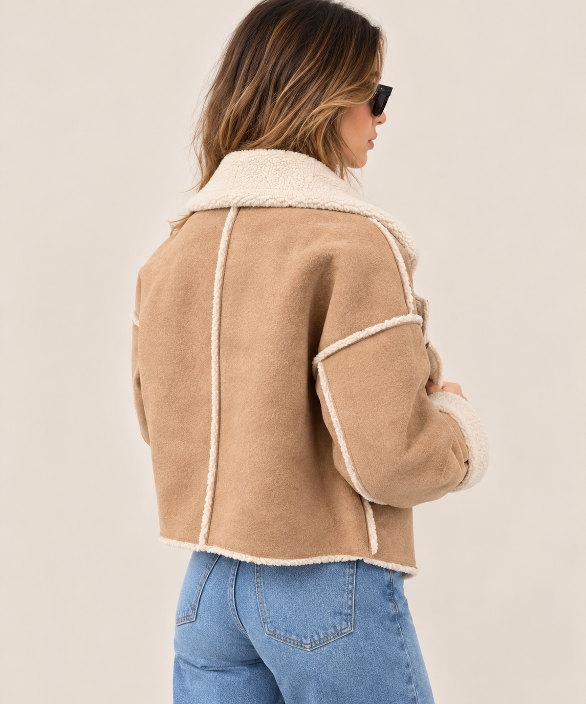 Suede-Effect Jacket With Faux Shearling Collar in Beige, back view