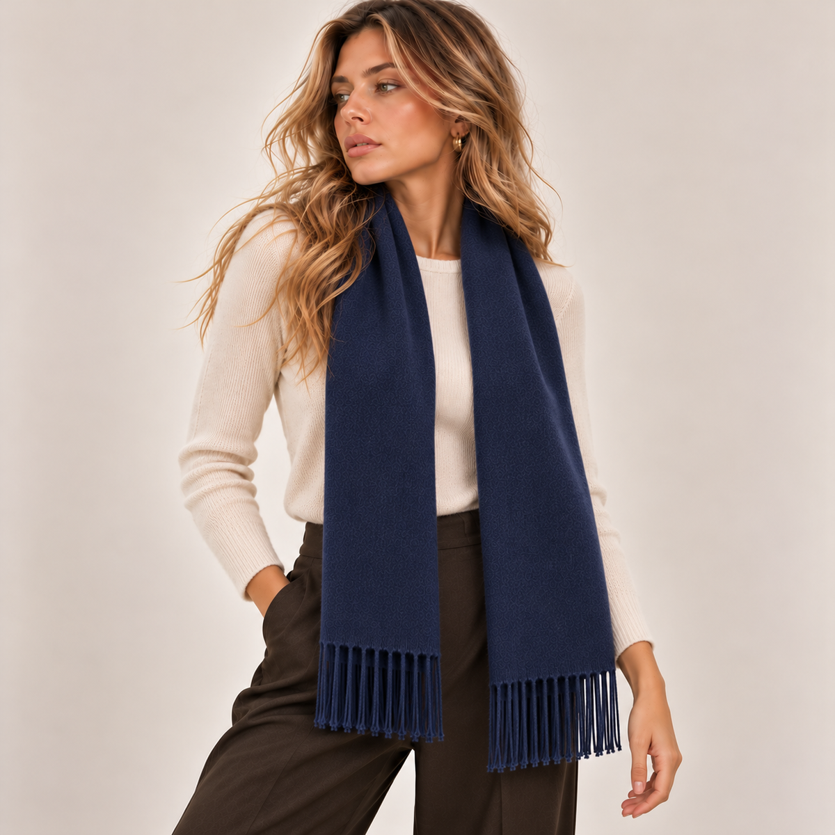 Classic Fringed Winter Scarf in Navy Blue, front view