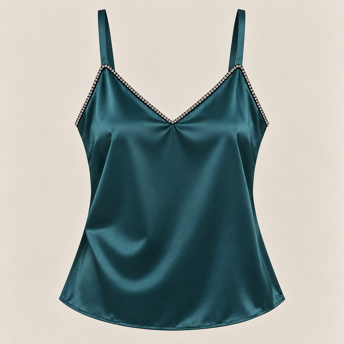 Rhinestone Trim Satin Cami Top in Teal, product view