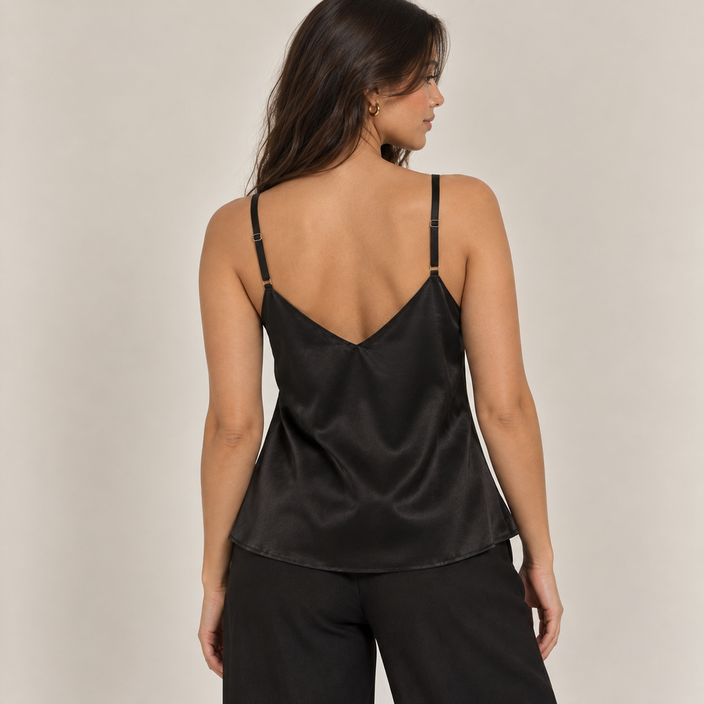 Rhinestone Trim Satin Cami Top in Black, back view