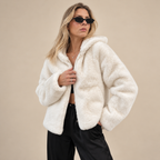Plush Faux Fur Hooded Jacket in Cream, front view