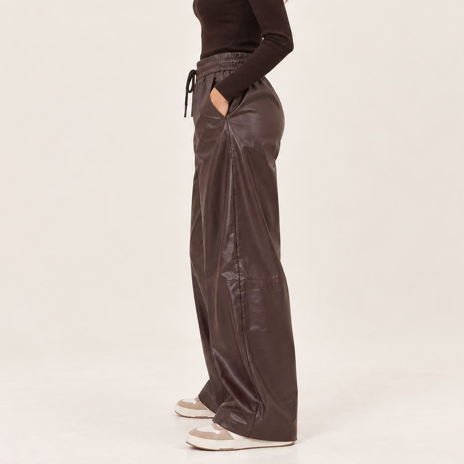 Seamed Faux Leather Drawstring Pants in Brown, side view