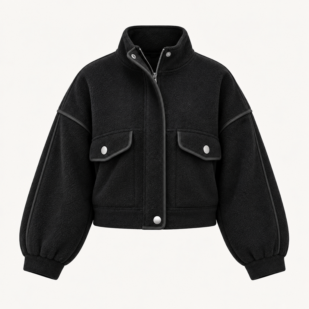 Cropped Piping Detail Jacket in Black, product view