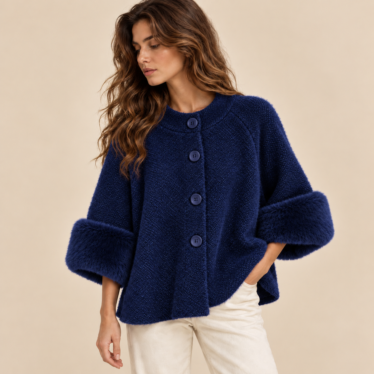 Knit Cape Jacket With Faux Fur Cuffs in Black, model front view