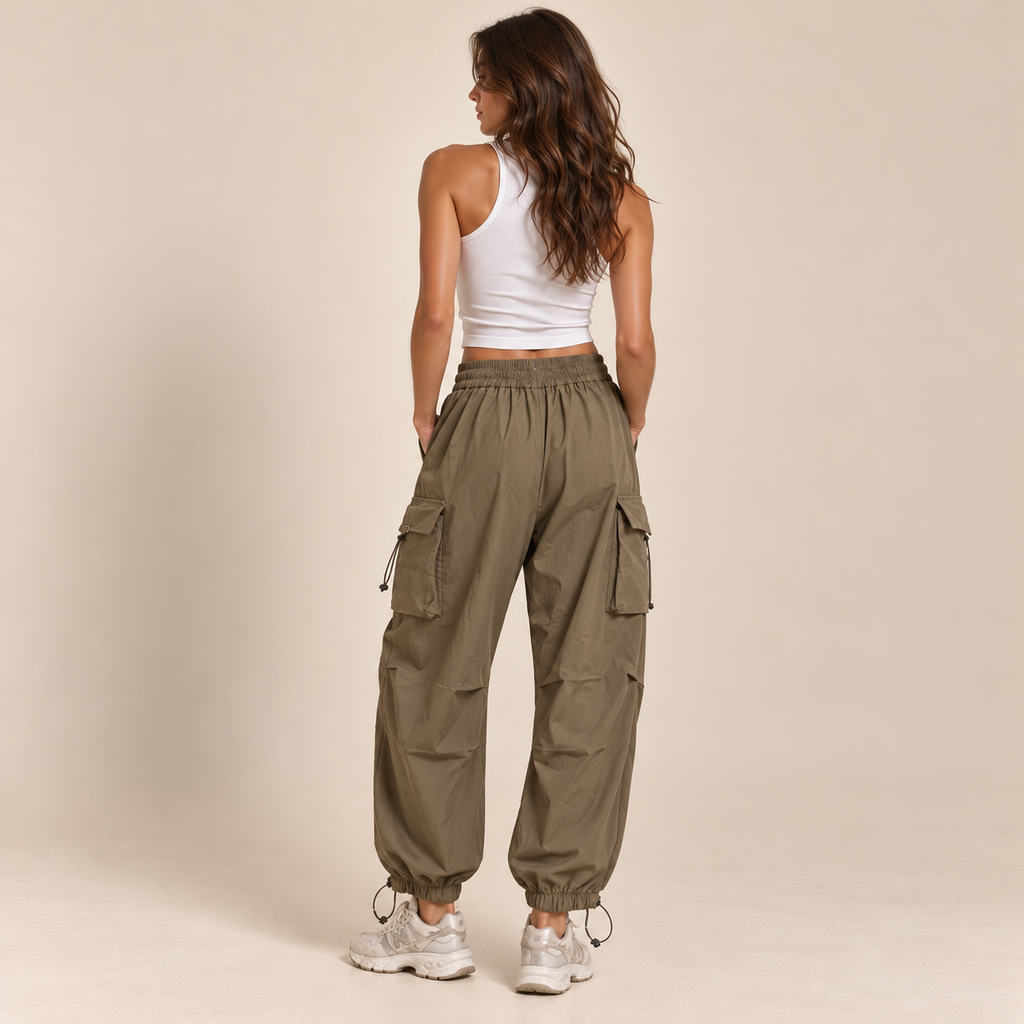 Ruched-Knee Utility Cargo Pants in Brown, back view