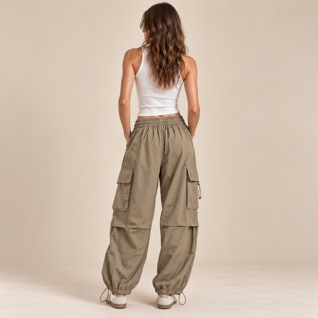 Toggle-Hem Wide-Leg Cargo Pants in Khaki, back view