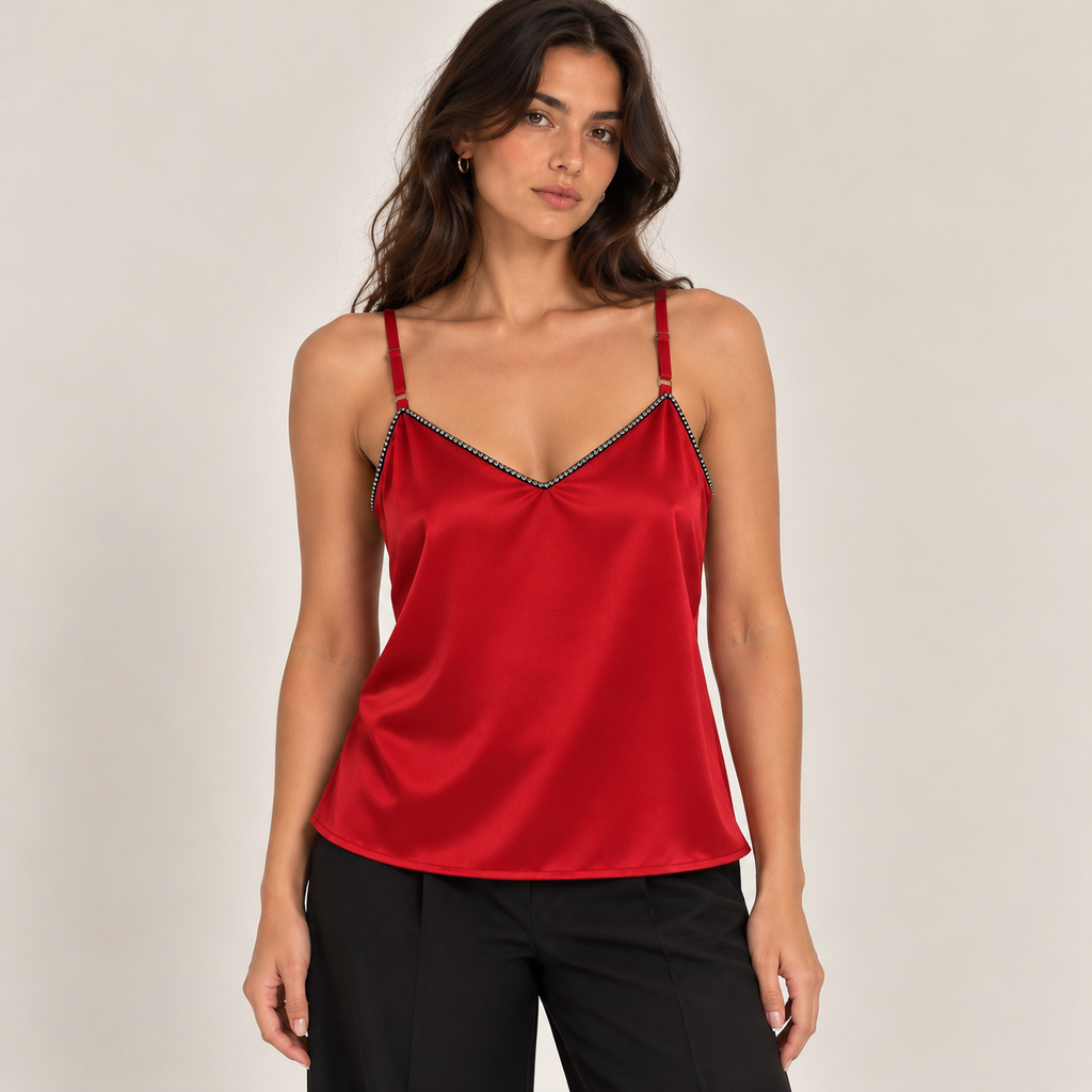 Rhinestone Trim Satin Cami Top in Red, front view