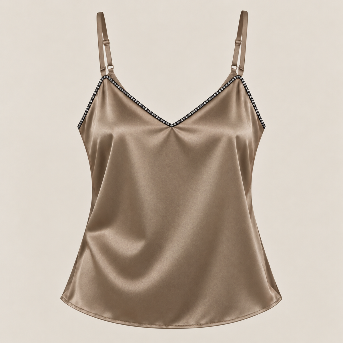 Rhinestone Trim Satin Cami Top in Taupe, product view