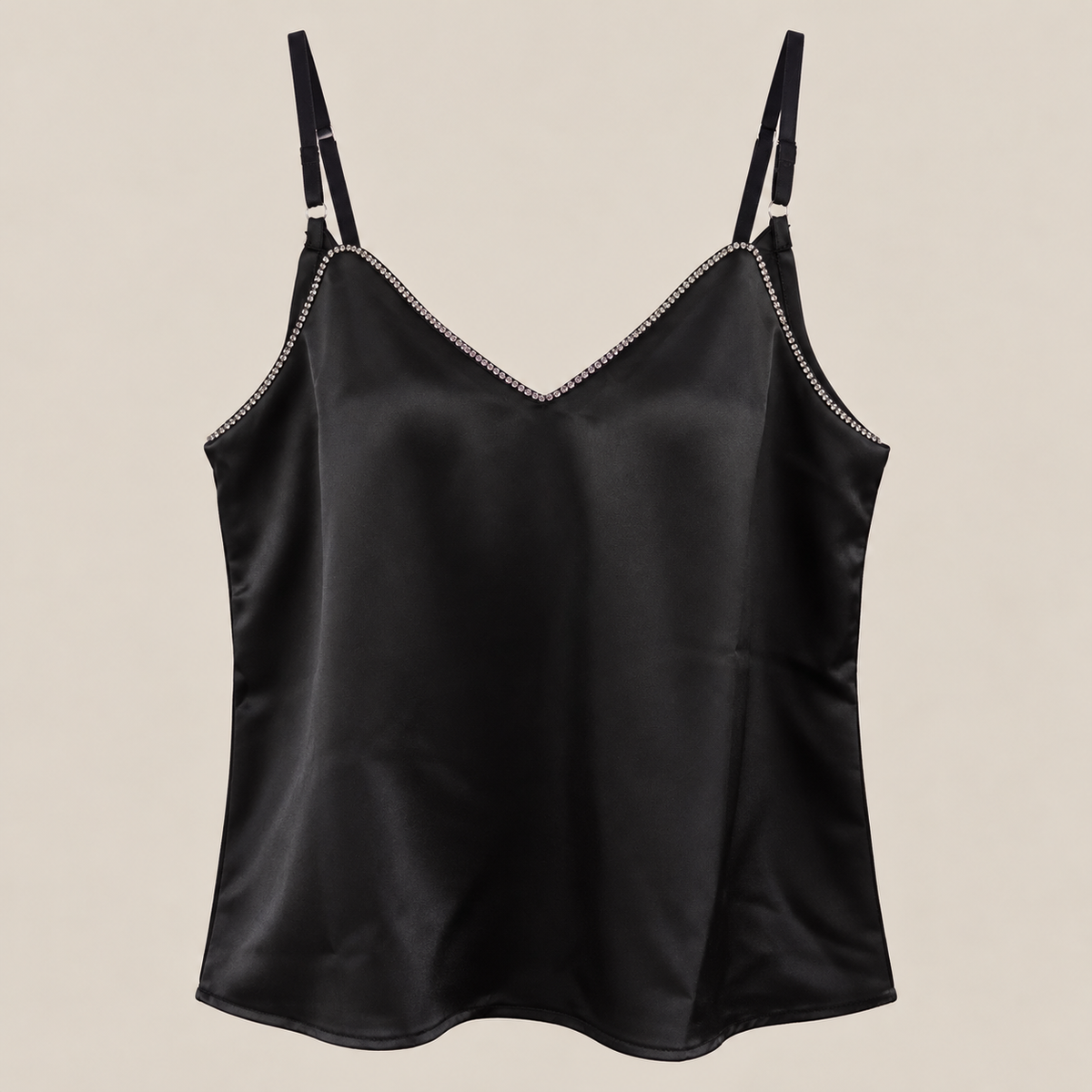 Rhinestone Trim Satin Cami Top in Black, product view