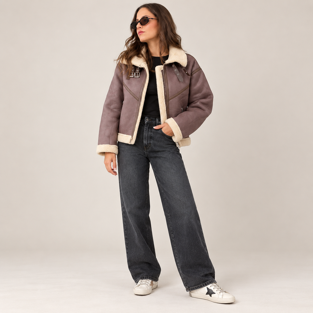Suede-Effect Aviator Jacket in Brown, front view