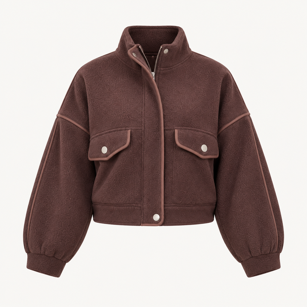 Cropped Piping Detail Jacket in Brown, product view