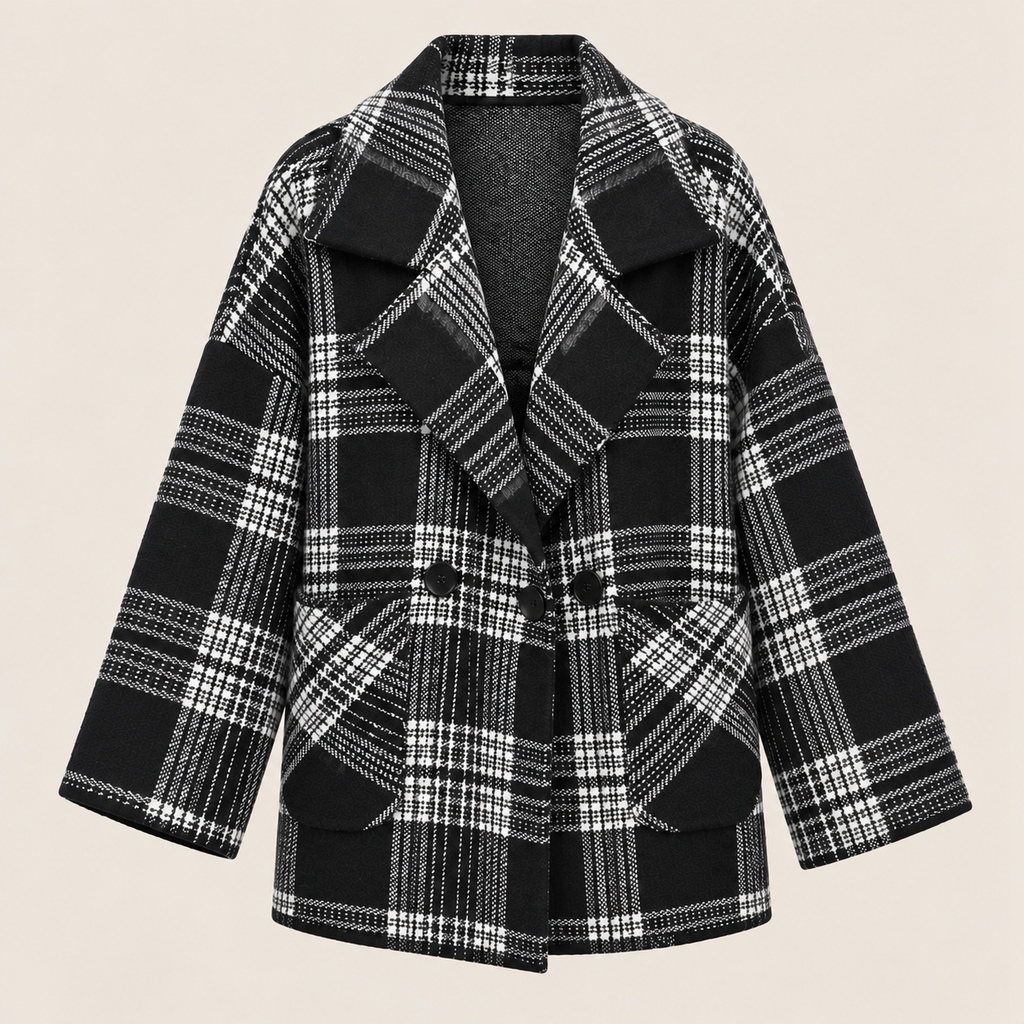 Oversized Plaid Double-Breasted Jacket in Black and White, product view