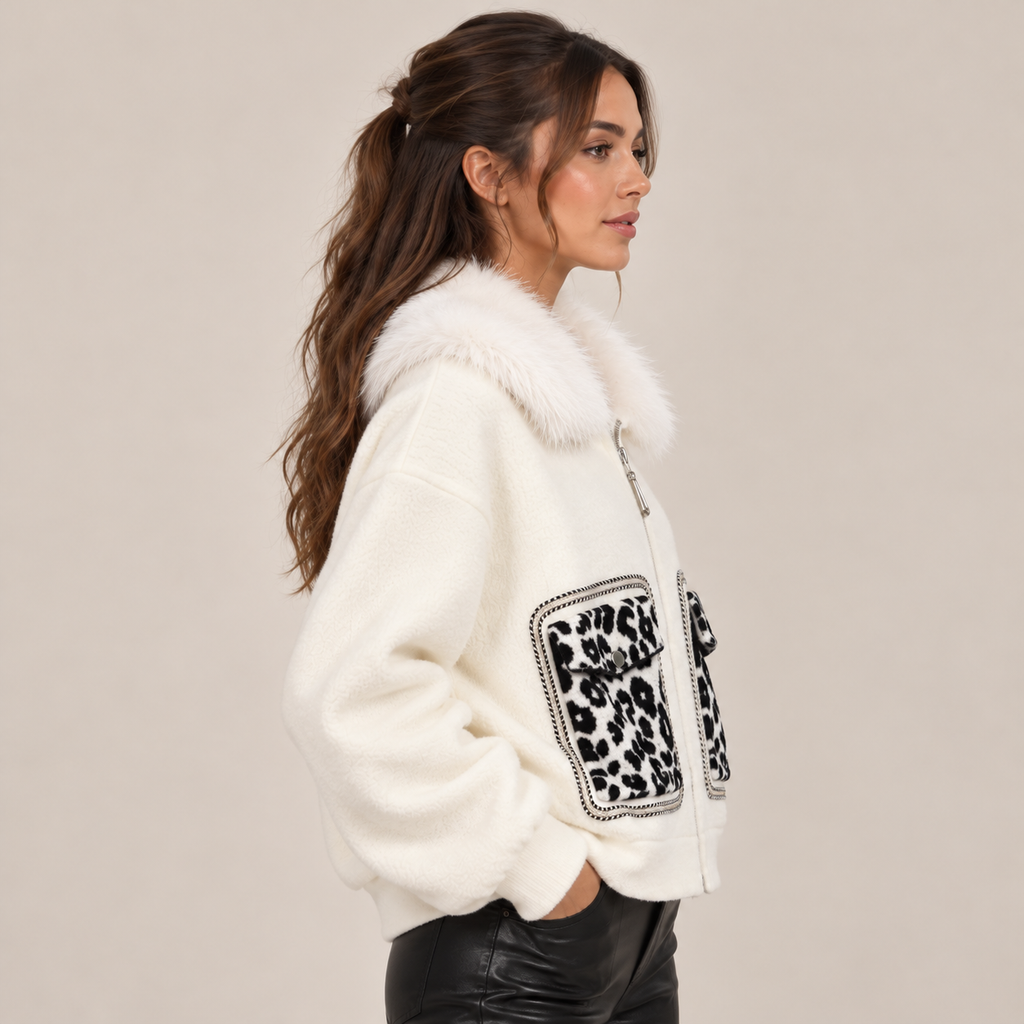 Faux Fur Collar Jacket With Leopard Pockets in White, side view