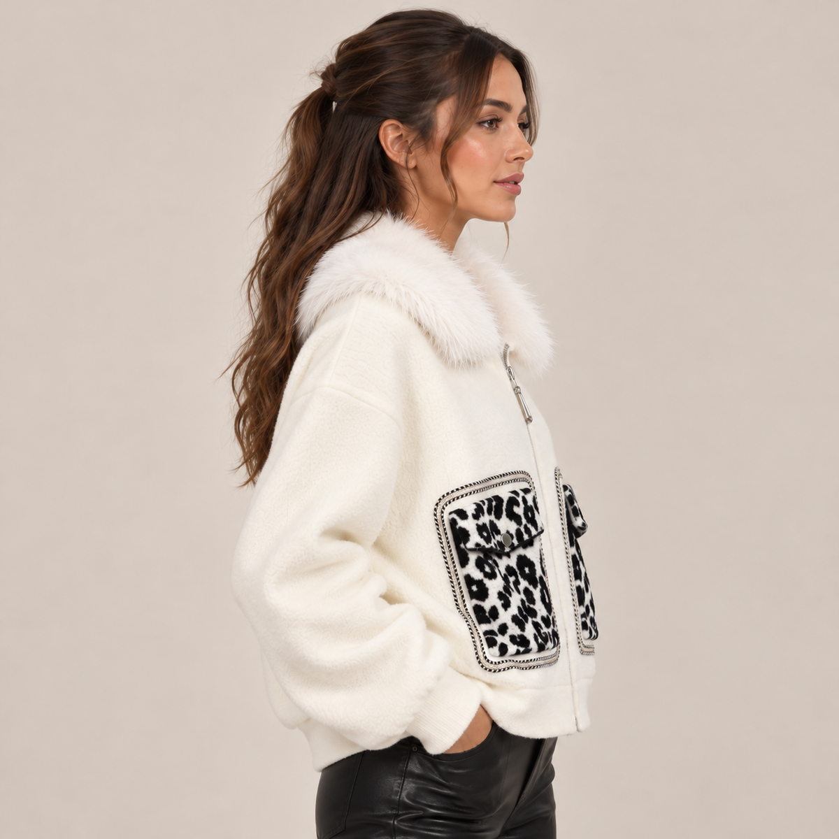 Faux Fur Collar Jacket With Leopard Pockets in White, side view