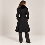 Belted Faux Fur Collar Coat With Contrast Piping in Black, back view