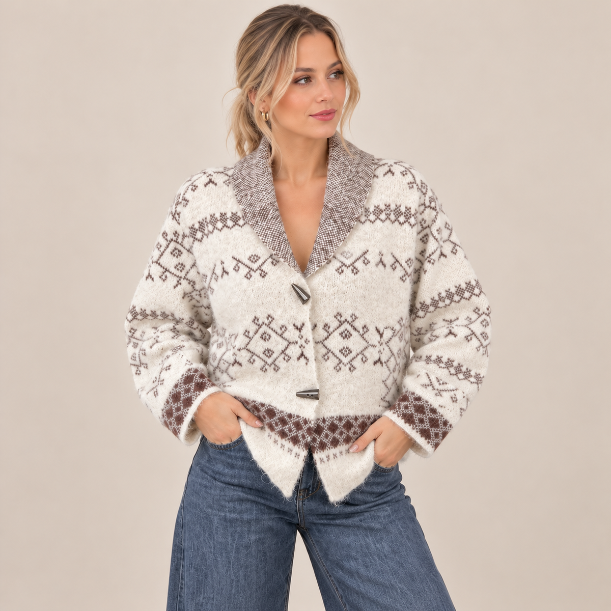 Nordic Knit Shawl Collar Cardigan in White and Beige, front view