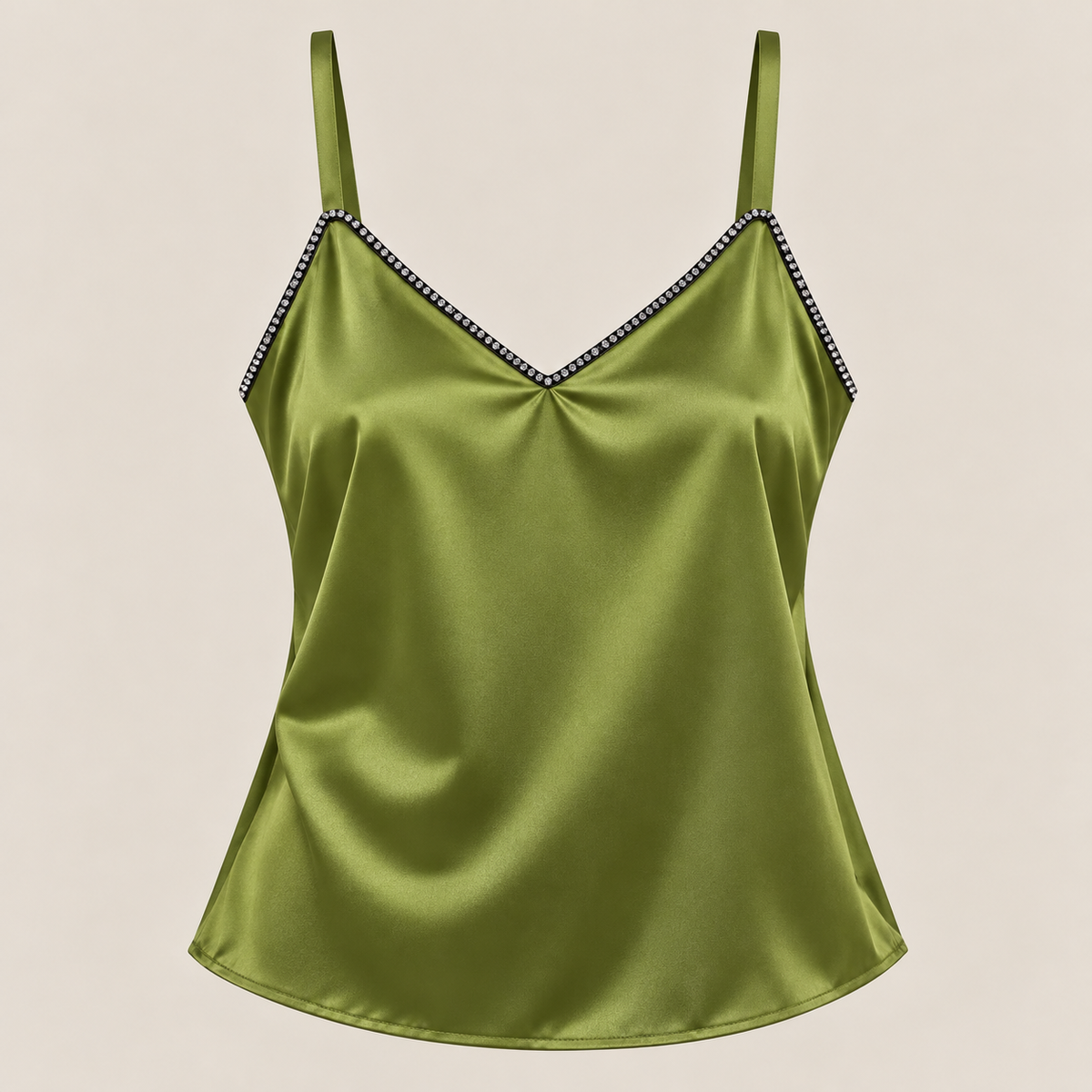 Rhinestone Trim Satin Cami Top in Olive Green, product view