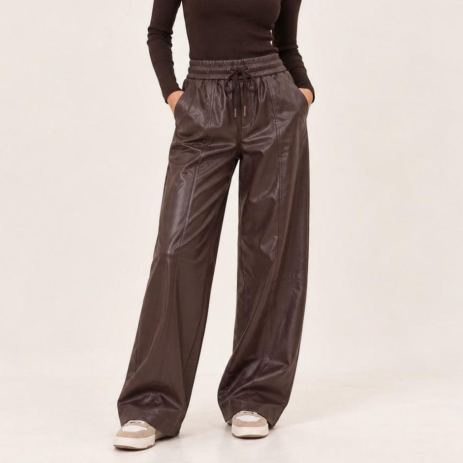 Seamed Faux Leather Drawstring Pants in Brown, front view