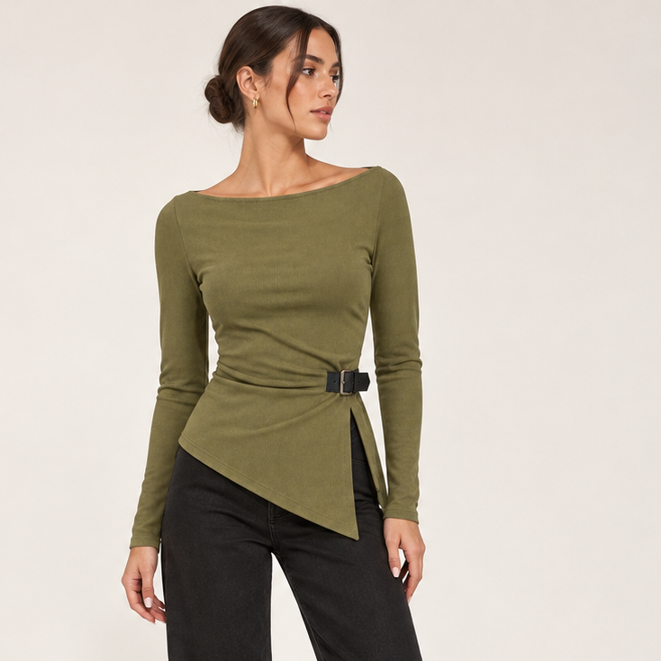 Asymmetric Buckle Knit Top in Olive Green, front view