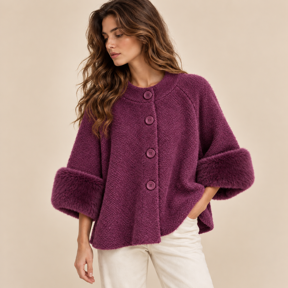 Knit Cape Jacket With Faux Fur Cuffs in Purple, model front view