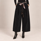 Velvet-Touch Wide-Leg Pants With Scarf Belt in Black, front view