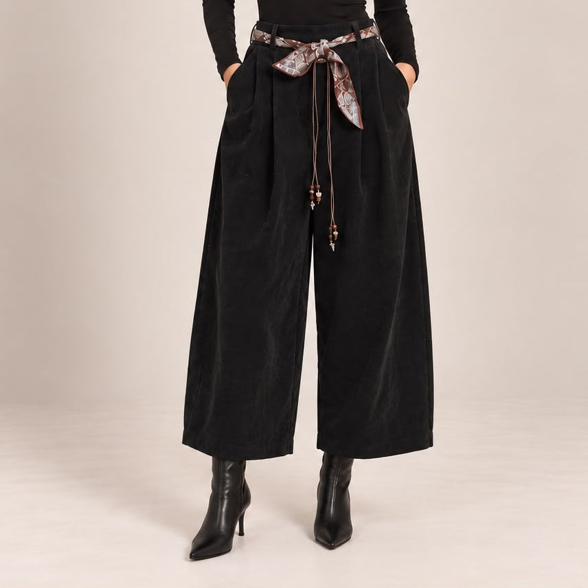 Velvet-Touch Wide-Leg Pants With Scarf Belt in Black, front view
