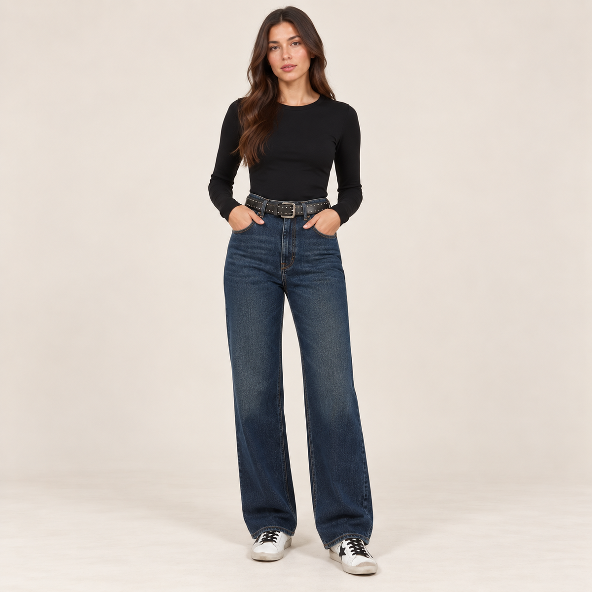 Dark Blue Wide-Leg Jeans With Studded Belt, front view