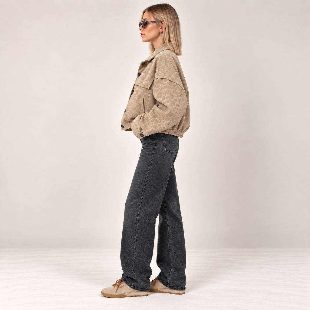 Cropped Tonal Leopard Jacket in Beige, alternate side view