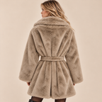 Belted Faux Fur Coat With Wide Lapels in Brown, model back view