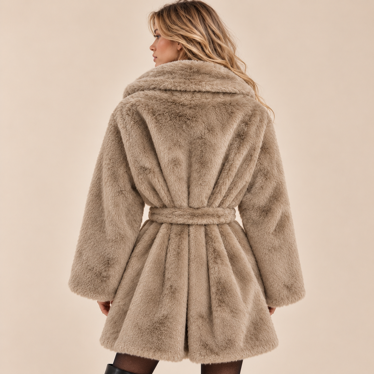 Belted Faux Fur Coat With Wide Lapels in Brown, model back view