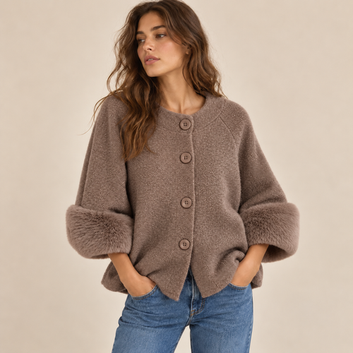 Knit Cape Jacket With Faux Fur Cuffs in Brown, model front view