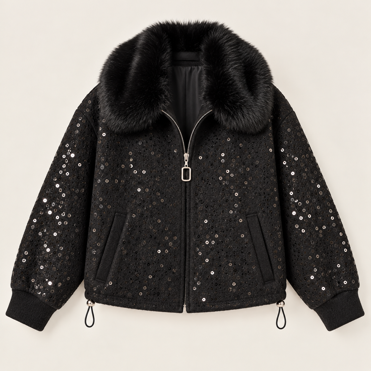 Sequin Bomber Jacket With Faux Fur Collar in Black, product view