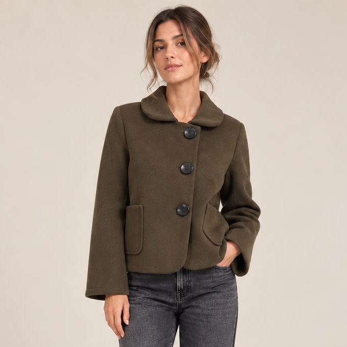Cropped Round Collar Jacket in Olive Brown, front view