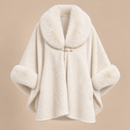 Chevron Cape Coat With Faux Fur Collar in White, product front view