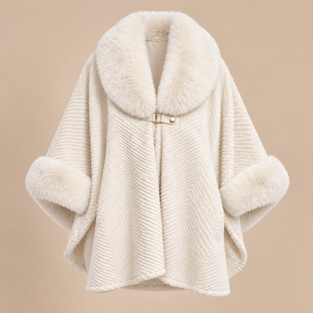 Chevron Cape Coat With Faux Fur Collar in White, product front view