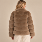 Panelled Faux Fur Jacket With Stand Collar in Brown, model back view
