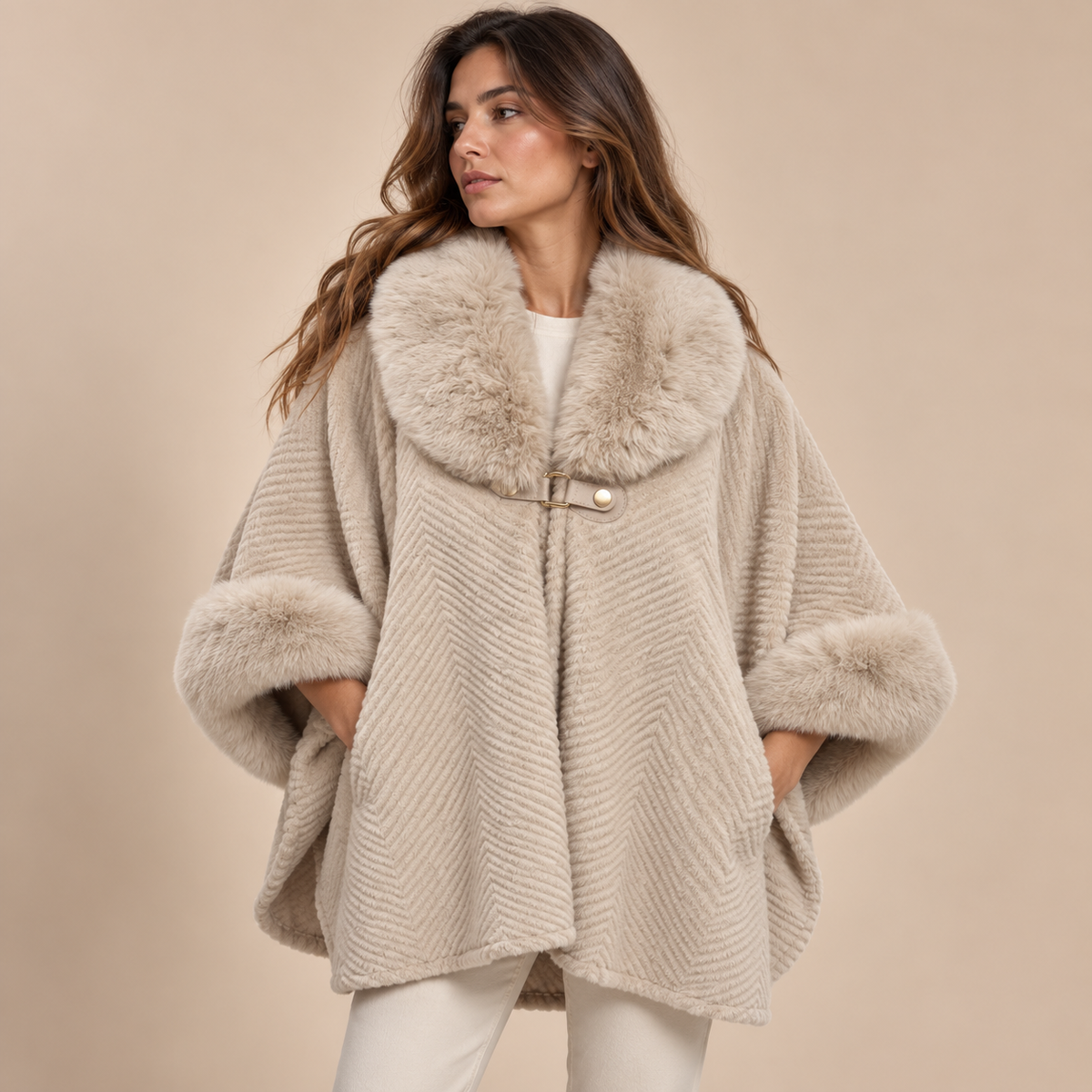 Chevron Cape Coat With Faux Fur Collar in Beige, model front view