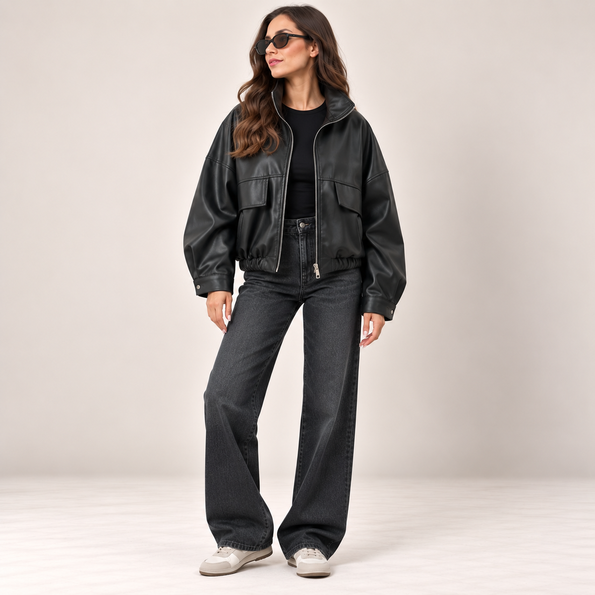 Faux Leather Utility Jacket in Black, front view