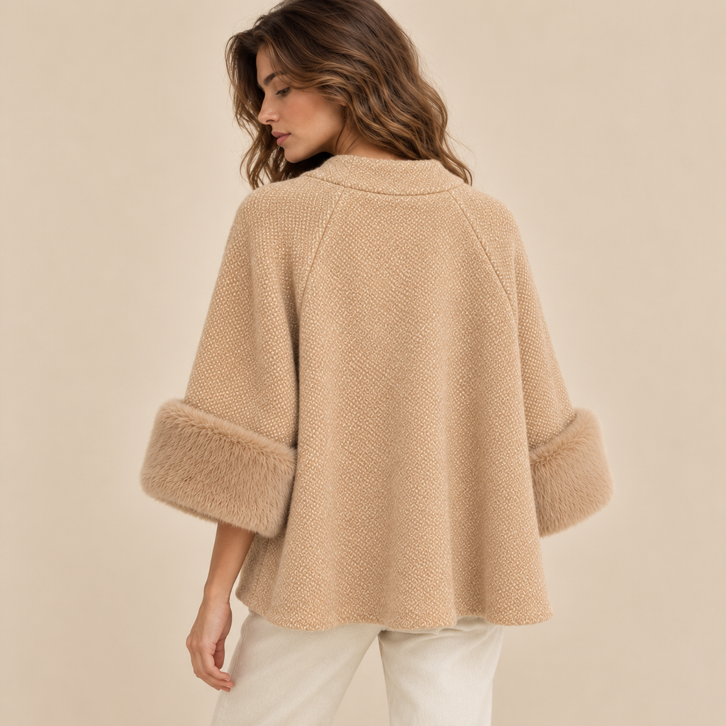 Knit Cape Jacket With Faux Fur Cuffs in Beige, model back view