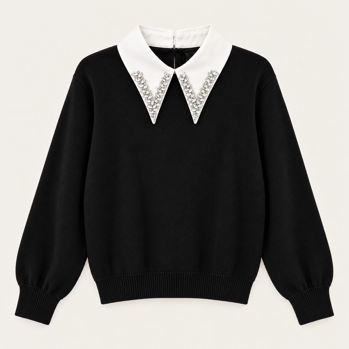 Embellished Collar Knit Sweater in Black, product view